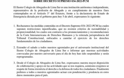 Pronunciamiento del CALSUR sobre Decreto Supremo 034-2022-PCM