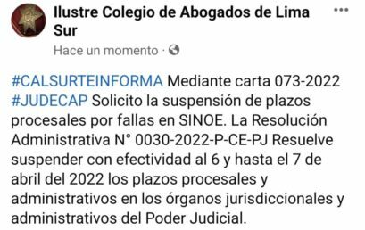 Mediante carta 073-2022 JUDECAP Solicito la suspensión de plazos procesales por fallas en SINOE