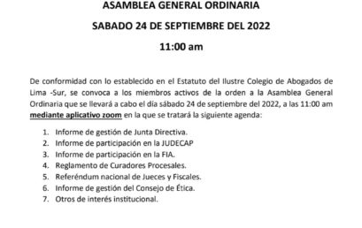 Asamblea General Ordinaria – 24 Setiembre 2022 11 am