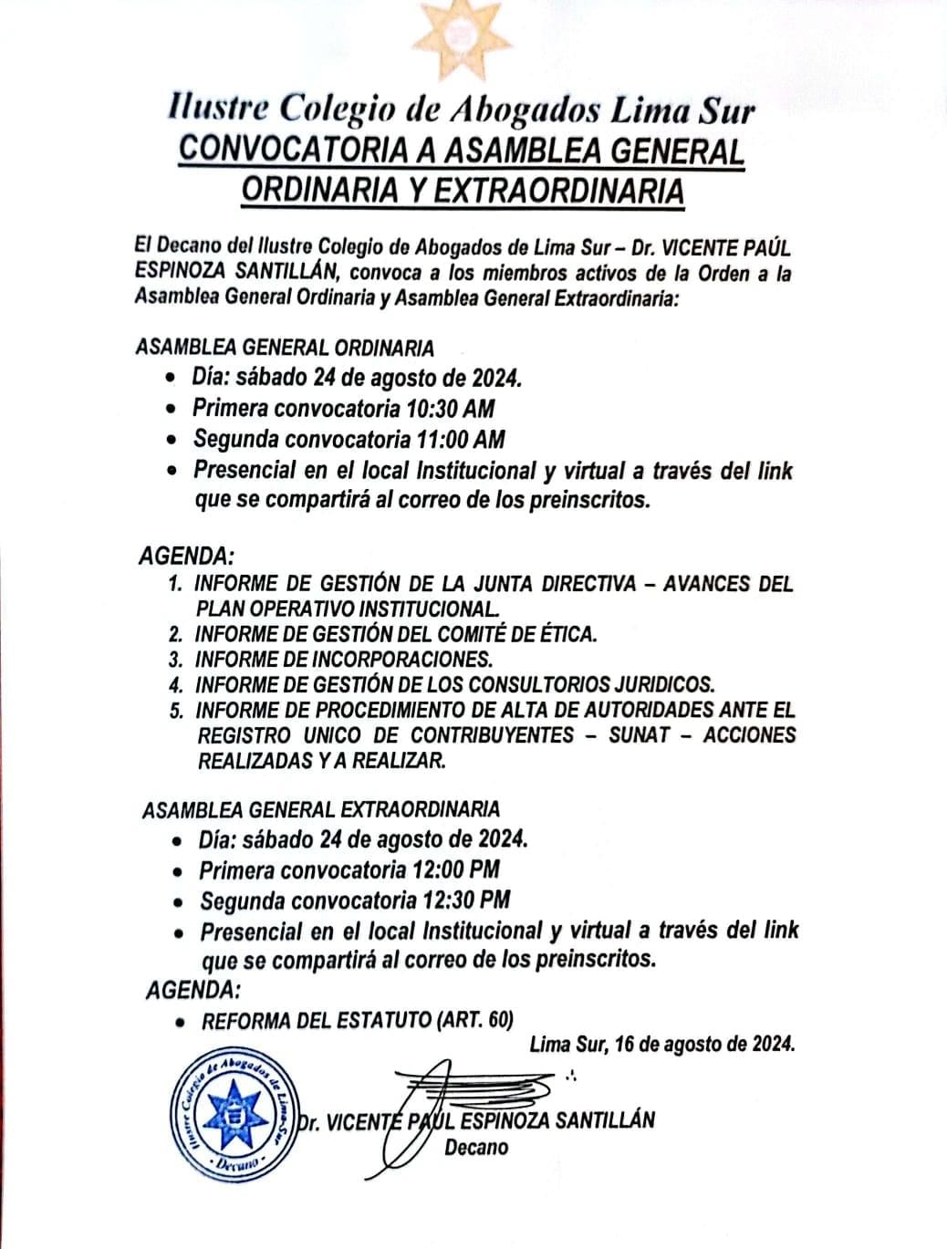 Convocatoria a Asamblea General Ordinaria y Extraordinaria 24.08.2024