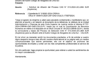 CALSUR extiende la difusión Proceso CAS N° 013-2024-UE-LIMA SUR (Necesidad Transitoria) de la Corte Superior De Justicia De Lima Sur