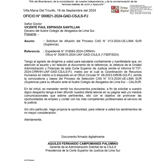 CALSUR extiende la difusión Proceso CAS N° 013-2024-UE-LIMA SUR (Necesidad Transitoria) de la Corte Superior De Justicia De Lima Sur