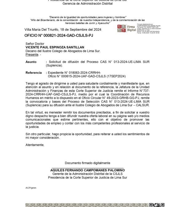 CALSUR extiende la difusión Proceso CAS N° 013-2024-UE-LIMA SUR (Necesidad Transitoria) de la Corte Superior De Justicia De Lima Sur