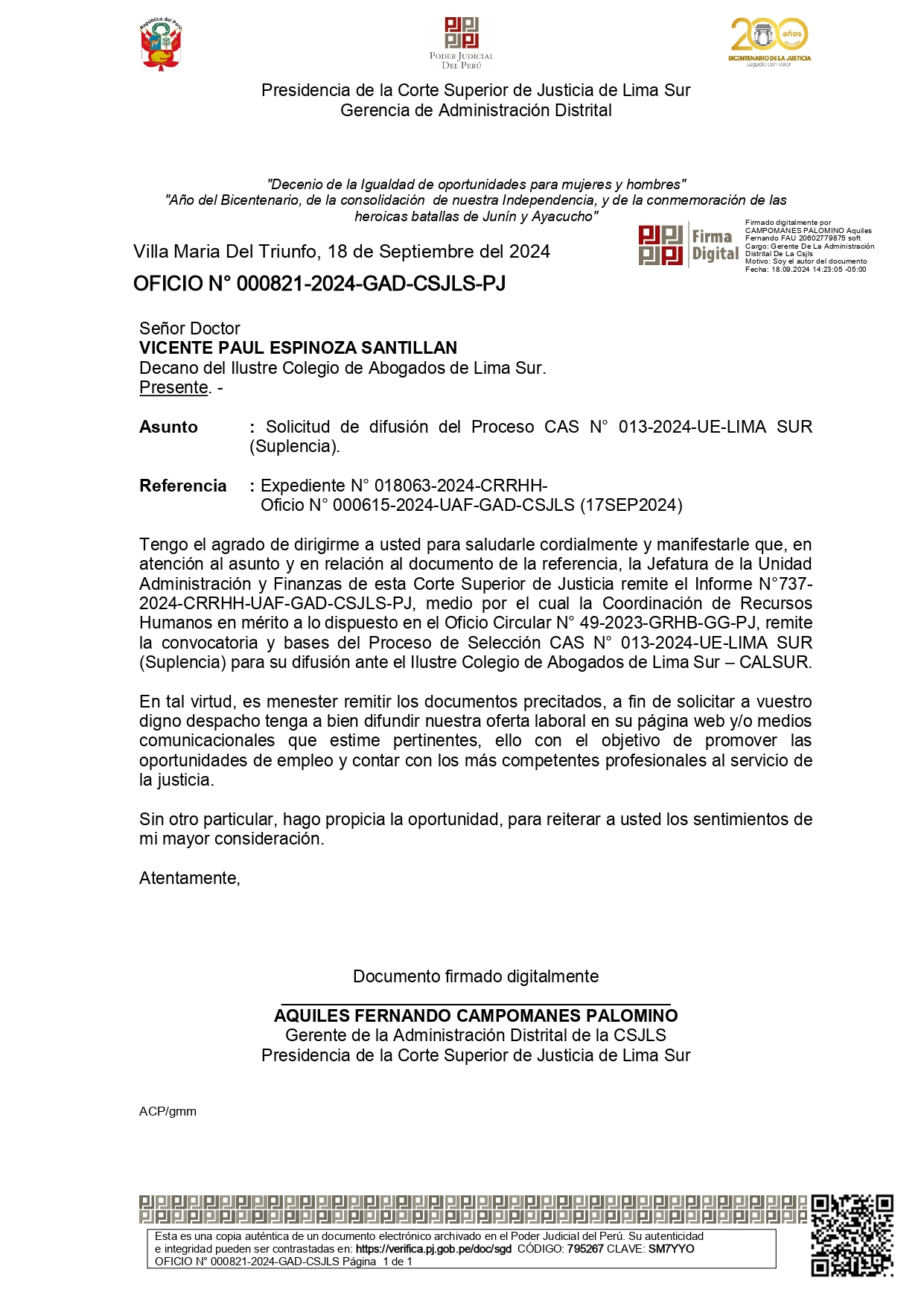 CALSUR extiende la difusión Proceso CAS N° 013-2024-UE-LIMA SUR (Necesidad Transitoria) de la Corte Superior De Justicia De Lima Sur