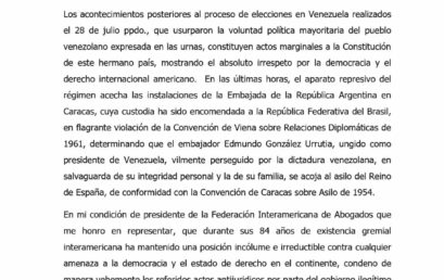 Declaración Urgente del Presidente de la Federación Interamericana de Abogados- FIA