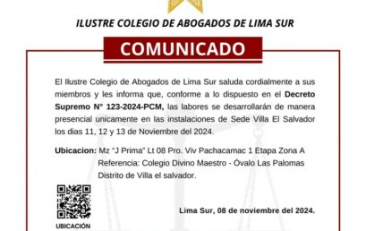 En los días 11, 12 y 13 de noviembre las labores se desarrollarán de manera presencial únicamente en la sede de Villa el Salvador