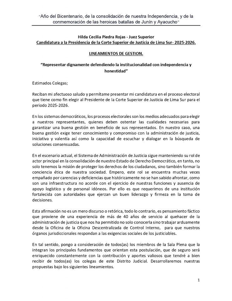 Lineamientos de Gestión de Presidenta de la Corte Superior de Justicia de Lima Sur 2025-2026