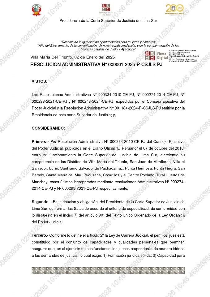 RESOLUCION ADMINISTRATIVA N° 000001-2025-P-CSJLS-PJ