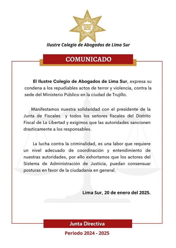 COMUNICADO: CALSUR repudia actos de terror contra la sede Ministerio Público en Trujillo