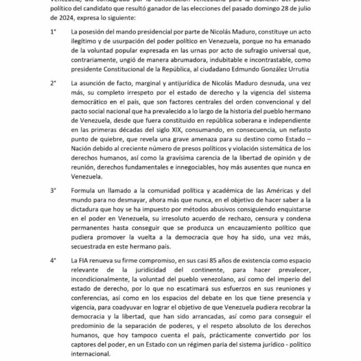 FIA Comunicado – Sobre situación de la república Bolivariana de Venezuela