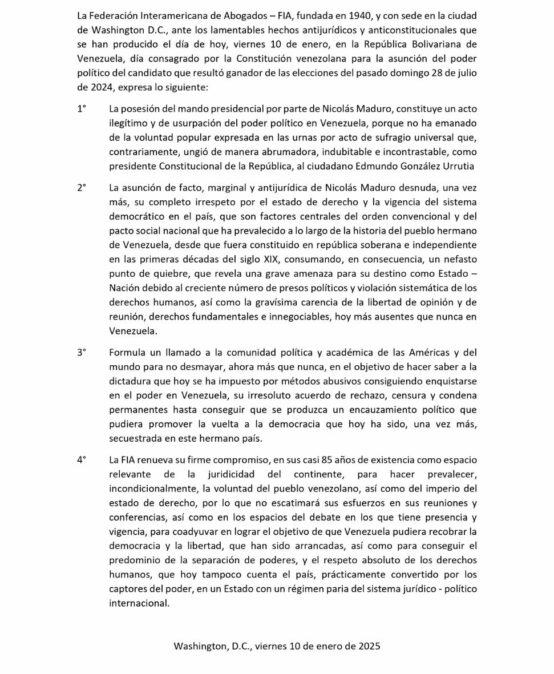 FIA Comunicado – Sobre situación de la república Bolivariana de Venezuela