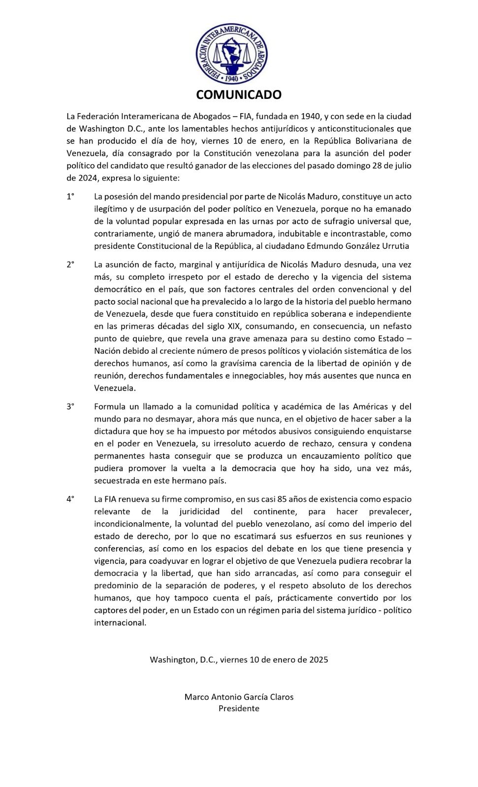 FIA Comunicado – Sobre situación de la república Bolivariana de Venezuela